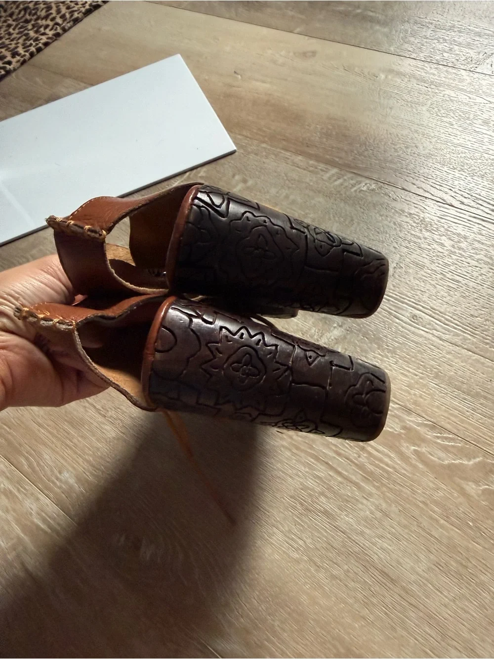Free People Brown Cutout Platform Heels with Patterned Wood-Look Sole